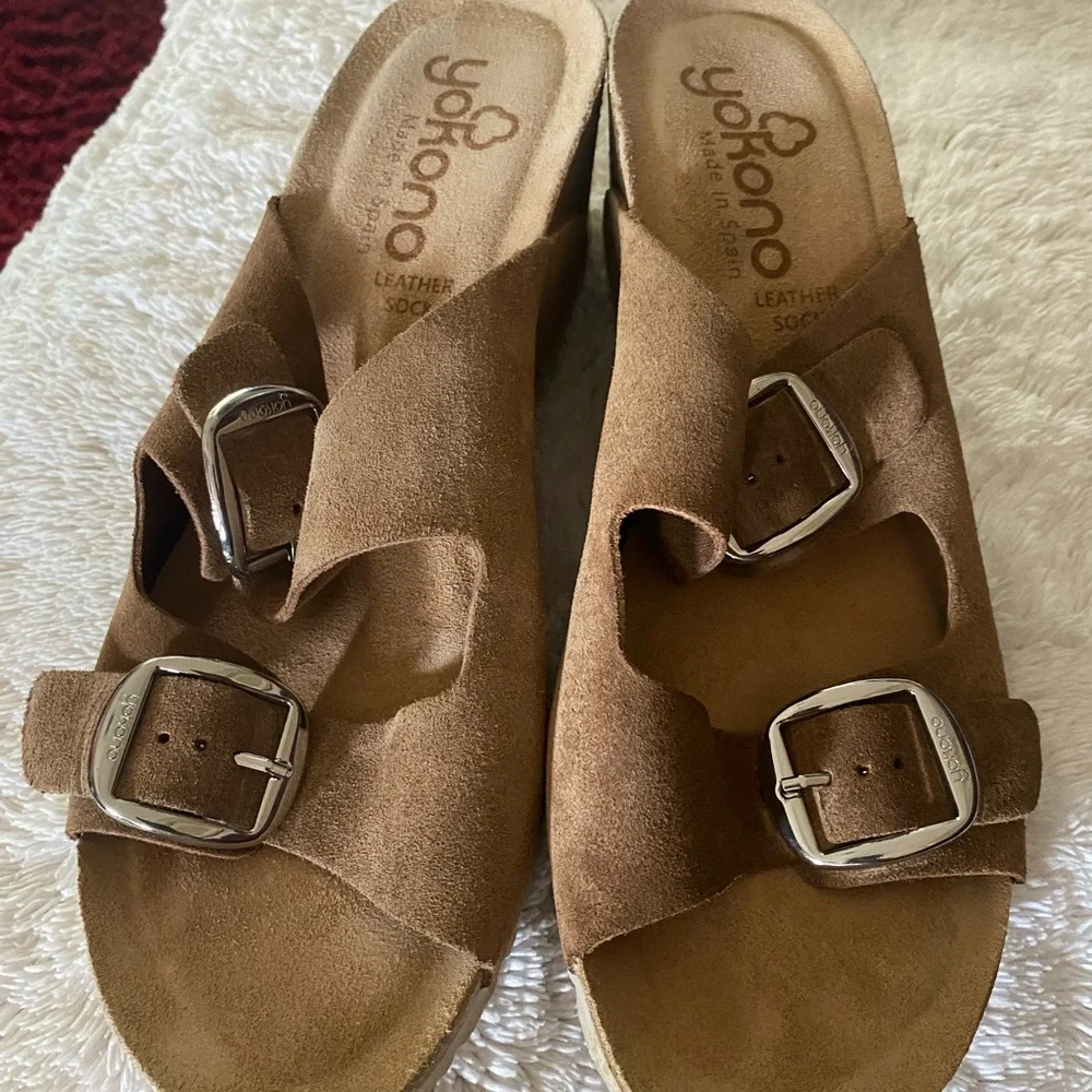 Yokono Brown Suede Double-Buckle Women's Slide Sandals